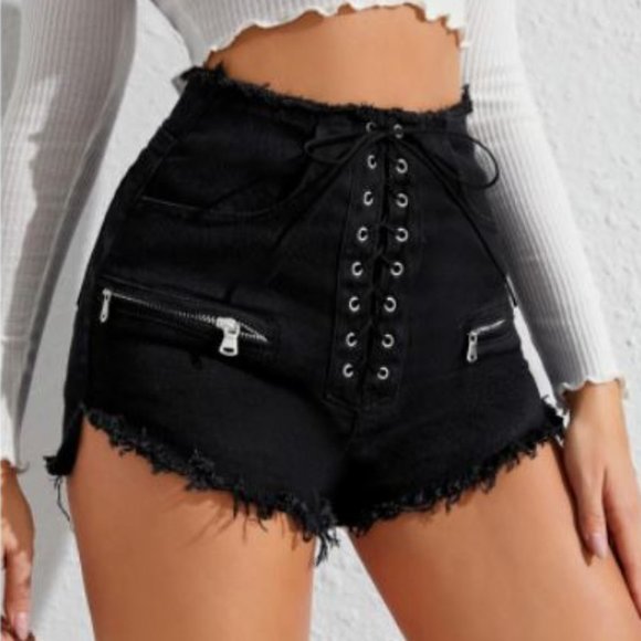 Pants - Grommet Lace-up Zip Detail Raw Hem Denim Shorts